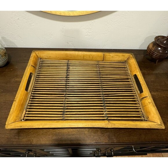 1960s Mid-Century Burnt Tortoise Motif Bamboo Rattan Serving Tray Boho Chic Tiki - Picture 7 of 8